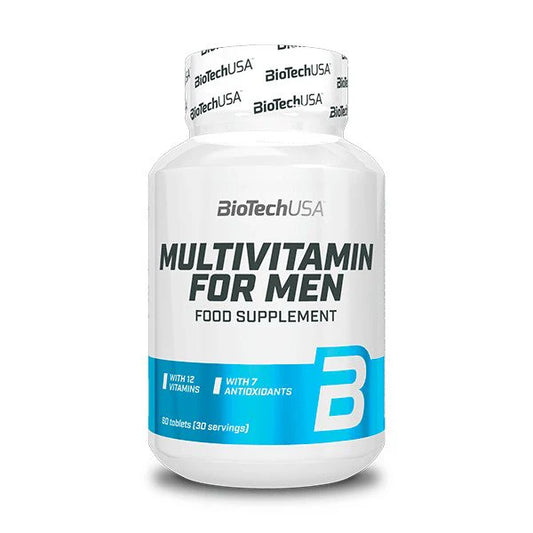 A bottle of BioTechUSA Multivitamin for Men, with white and blue label, containing various vitamins and minerals, marked as lactose free.
