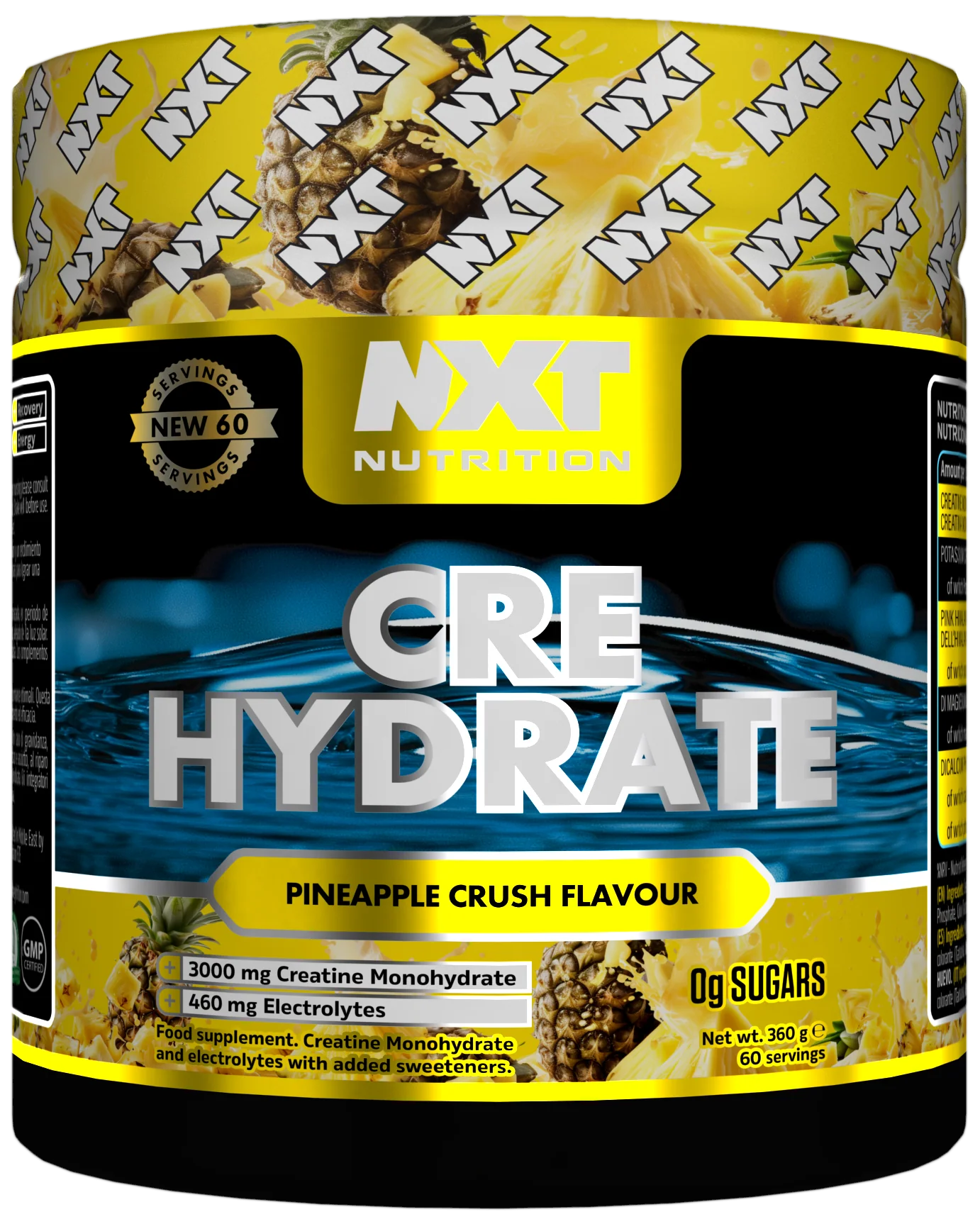 NXT Nutrition Cre Hydrate supplement container with pineapple flavor on a white background