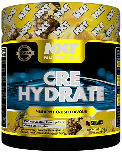 NXT Nutrition Cre Hydrate supplement container with pineapple flavor on a white background