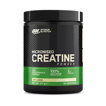 A container of Optimum Nutrition Micronised Creatine Powder with product details visible