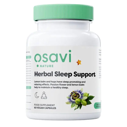 A bottle of Osavi Herbal Sleep Support supplements with 60 vegan capsules, featuring an image of a passionflower and text detailing the product's use for supporting relaxation and healthy sleep patterns.
