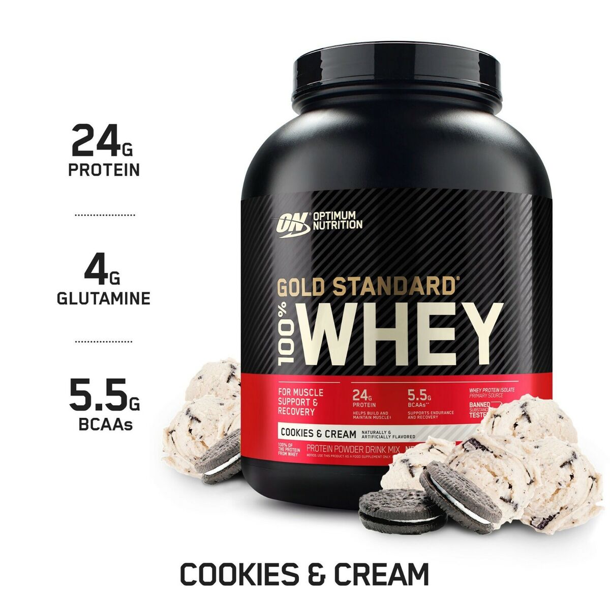 Optimum Nutrition Gold Standard 100% Whey protein powder container with cookies and cream flavor on a white background.